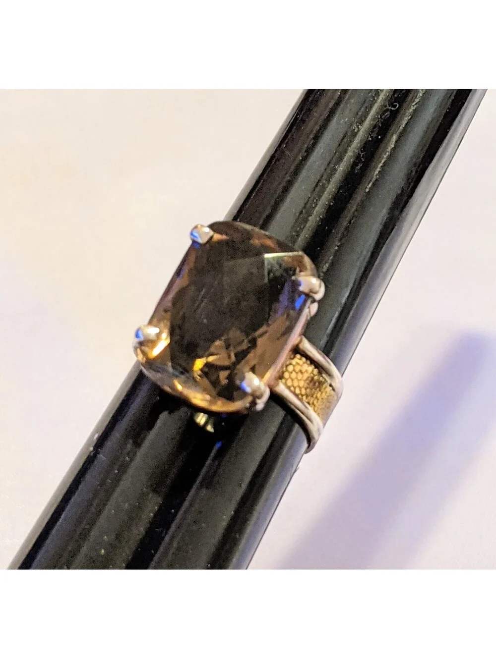 925 Sterling Silver & Brown Faceted Smoky Quartz Mixed Metals Ring Sz 9 Artisan